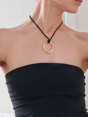 Gold Twist Circle Pendant Necklace on Black Cord
